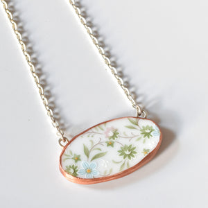 Broken China Jewelry Shard Necklace  - Floral Oval