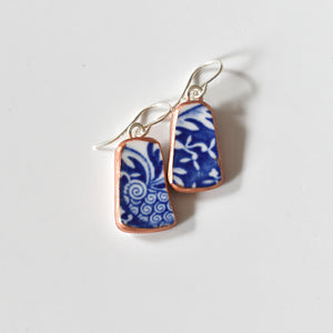Broken Plate Earrings on Sterling Silver Hooks - Blue and White Shards