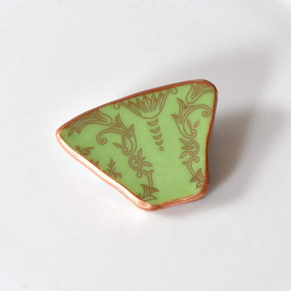 Broken China Jewelry Brooch  - Green and Gold
