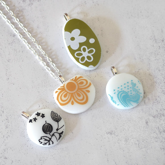 CUSTOM Broken Plate Pendants on Chains from Broken Pyrex - Recycled China