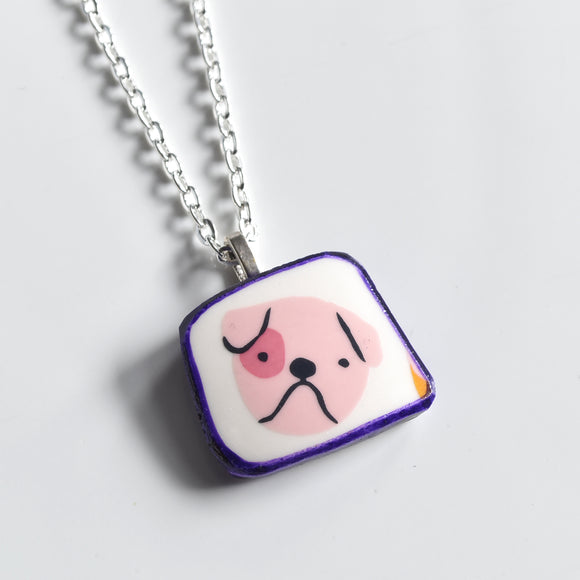 Broken China Jewelry Necklace  - Pink Dog Purple Frame