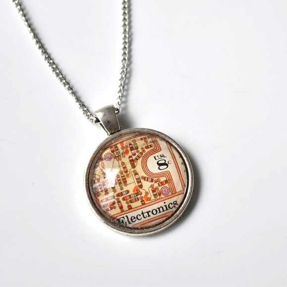 Recycled Vintage Postcard Necklace - Electronics Stamp