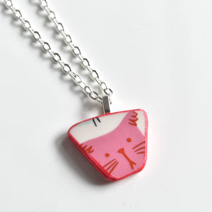 Broken China Jewelry Necklace  - Pink Cat Pink Frame