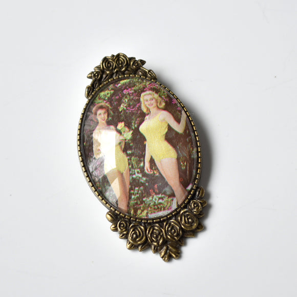 Recycled Vintage Postcard Brooch - Vintage Bathing Beauty