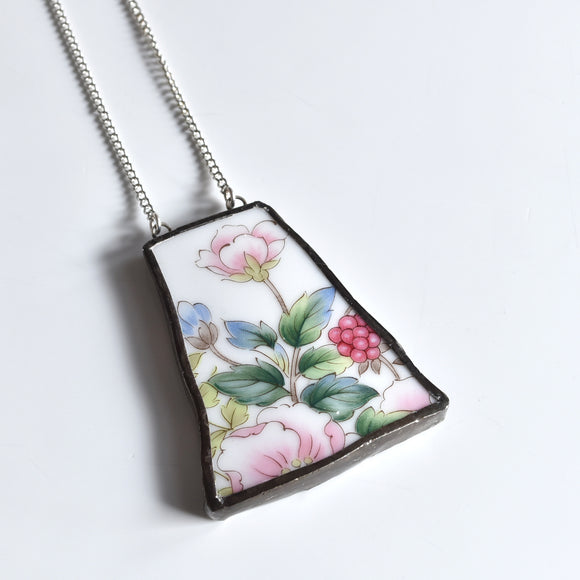 Broken China Jewelry Pendant - Pink Floral