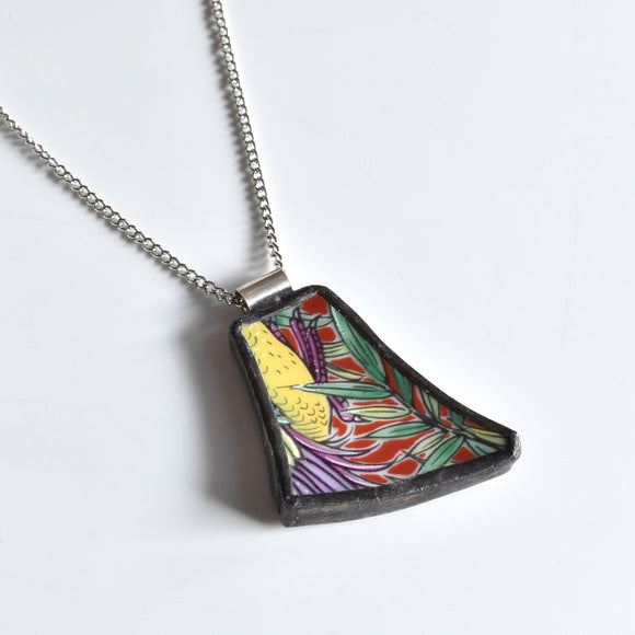 Broken China Jewelry Necklace - Colorful Green Leaf