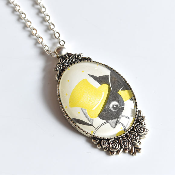 Recycled Vintage Postcard Necklace - Bird in a Top Hat Playing Card