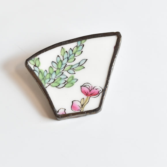 Broken China Jewelry Brooch - Green and Pink