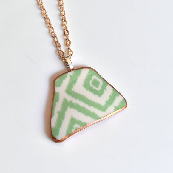 Broken China Jewelry Necklace  - Multicolor Pattern Bowls - Green and White