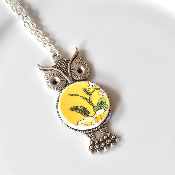 Broken China Jewelry Necklace  - Owl  - Gaiwan