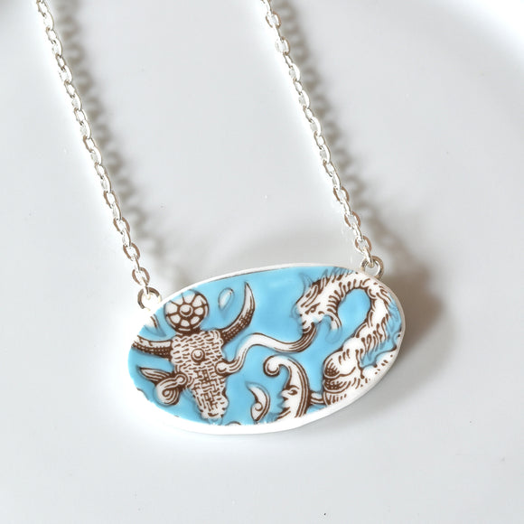 Broken China Jewelry Necklace  - Oval -  Turquoise