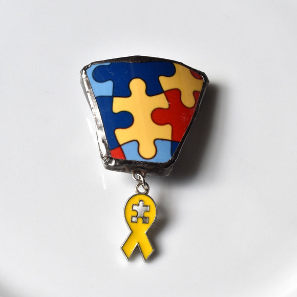 Broken China Jewelry Brooch - Puzzle Necklace - Autism - For Charity