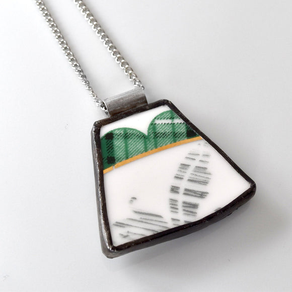 Broken China Jewelry Pendant - Green and Gold