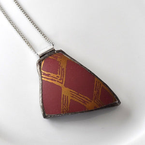 Broken China Jewelry Pendant - Red and Gold