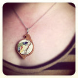 Simple Circle Mahogany Bird Recycled China Necklace - Apple Pie Plate Text - Arrange Working Remaining