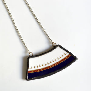 Wide Rim Broken China Jewelry Necklace  - Navy Red and Gold