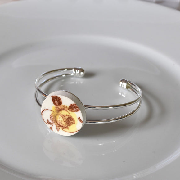 Recycled China Cuff Bracelet - Yellow and Brown floral